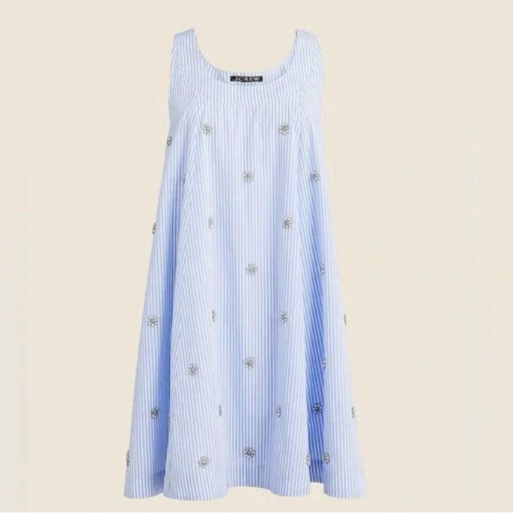J Crew M Blue Striped Cotton Poplin Crystal Flowers Embellished Shift Dress